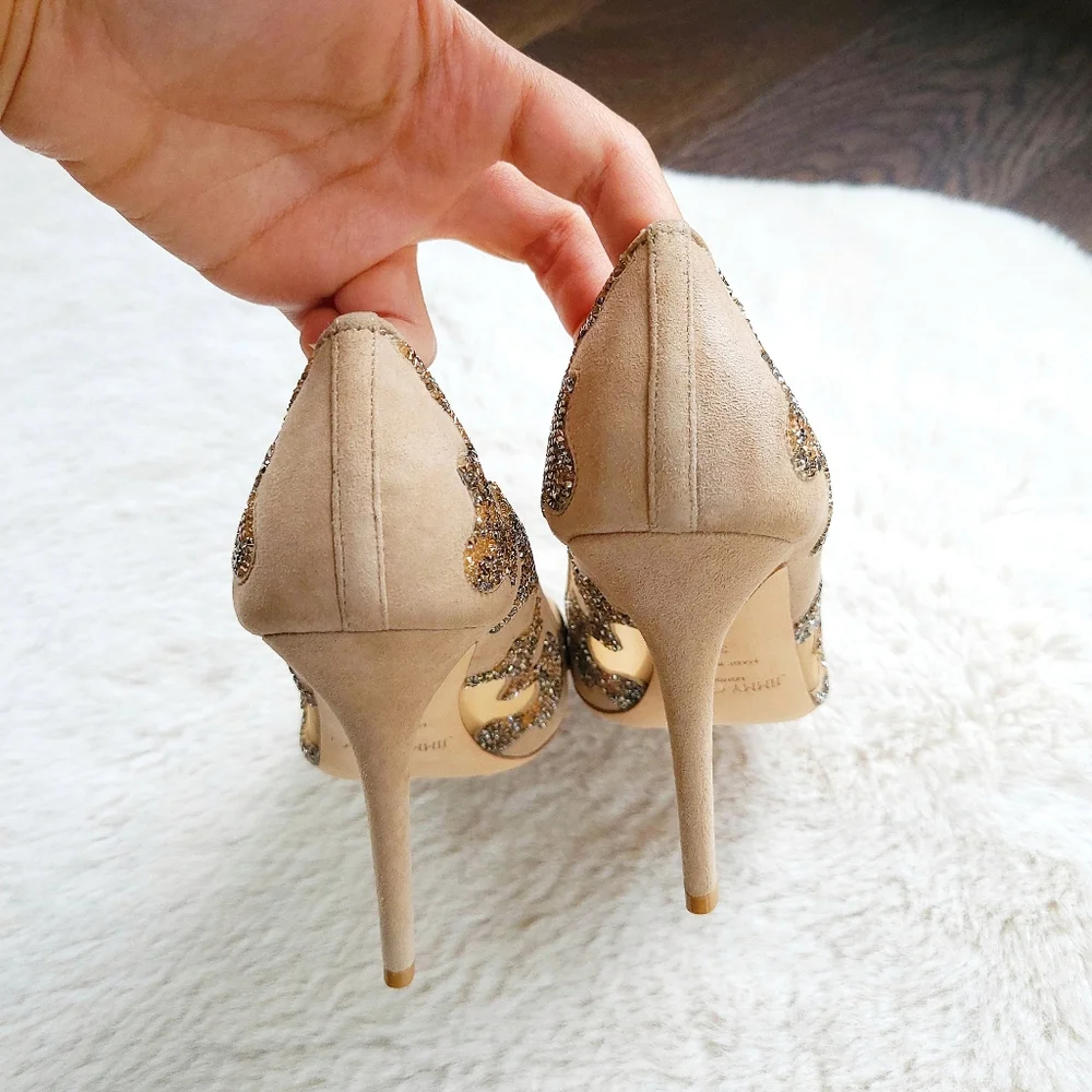 Jimmy Choo Karmel 120 Nude Suede Crystal Wedding Occasion Pointy Toe Mesh Pump - Picture 13 of 16